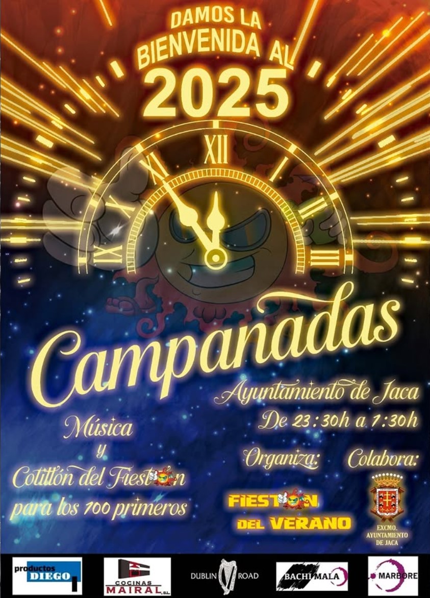 🔔🔔 ¡No te pierdas las CAMPANADAS en Jaca! 🔔🔔

🎶 Música
🎉Cotillón para los 1️⃣0️⃣0️⃣primeros 
🕘 De 23:30 a 1:30 en el Ayuntamiento
🤝 Con la colaboración del Ayuntamiento de Jaca 
<a href="/AytoJaca/">Ayuntamiento de Jaca</a>