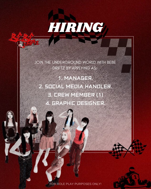 ⠀⠀⠀⠀⠀
﹫𝗕𝗘𝗕𝗘_𝗗𝗥𝗜𝗙𝗧𝗭 IS NOW HIRING .ᐟ

Are you ready to Crash some cars &amp; stage with us? 

Join us now! click on the g-form link below. Aren’t you curious of what the underground world looks like? 👀 

🖇️: ❮ docs.google.com/forms/d/e/1FAI… ❯