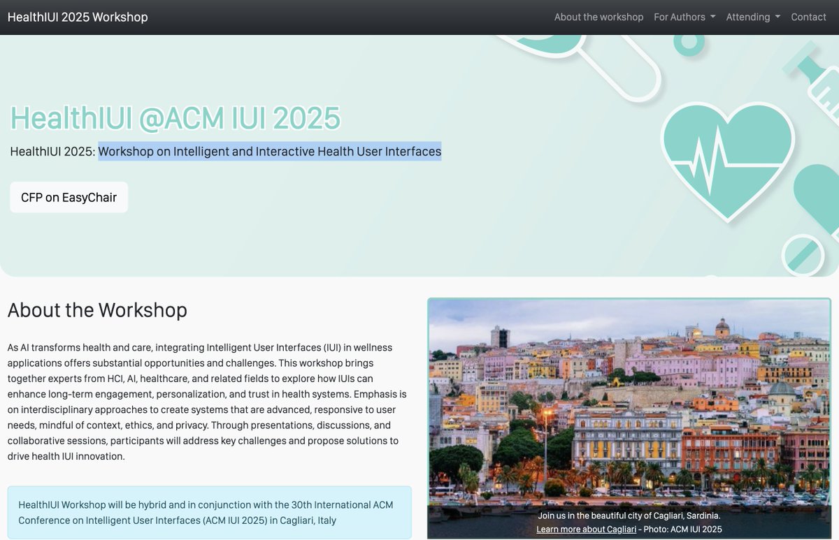 Peter Brusilovsky (@peterpaws) on Twitter photo The deadline to submit to the Workshop on Intelligent and Interactive Health User Interfaces (HealthIUI) at <a href="/ACMIUI/">ACM IUI 2026</a> 2025 is just 12 days away. If you are doing research on the crossroads of AI, HCI, and Health, check out the CFP and consider joining! . healthiui.github.io/2025/ The deadline to submit to the Workshop on Intelligent and Interactive Health User Interfaces (HealthIUI) at <a href="/ACMIUI/">ACM IUI 2026</a> 2025 is just 12 days away. If you are doing research on the crossroads of AI, HCI, and Health, check out the CFP and consider joining! . healthiui.github.io/2025/