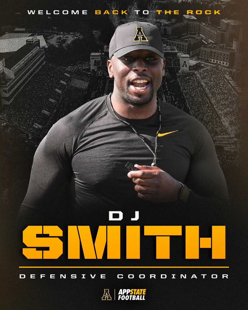 AppState_FB's tweet image. Welcome back home, @CoachDjSmith!
A championship former player and coach with the Mountaineers, Smith returns to his alma mater as defensive coordinator. He has spent the last five seasons coaching linebackers at Missouri, including the last three as co-defensive coordinator.…