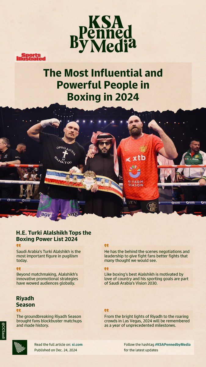 His legacy in the boxing world is unmatched. GEA Board of Directors Chairman @Turki_alalshikh tops 2024’s Most Influential and Powerful People in Boxing by @SInow. #KSAPennedbyMedia https://t.co/MSfbiepzC9