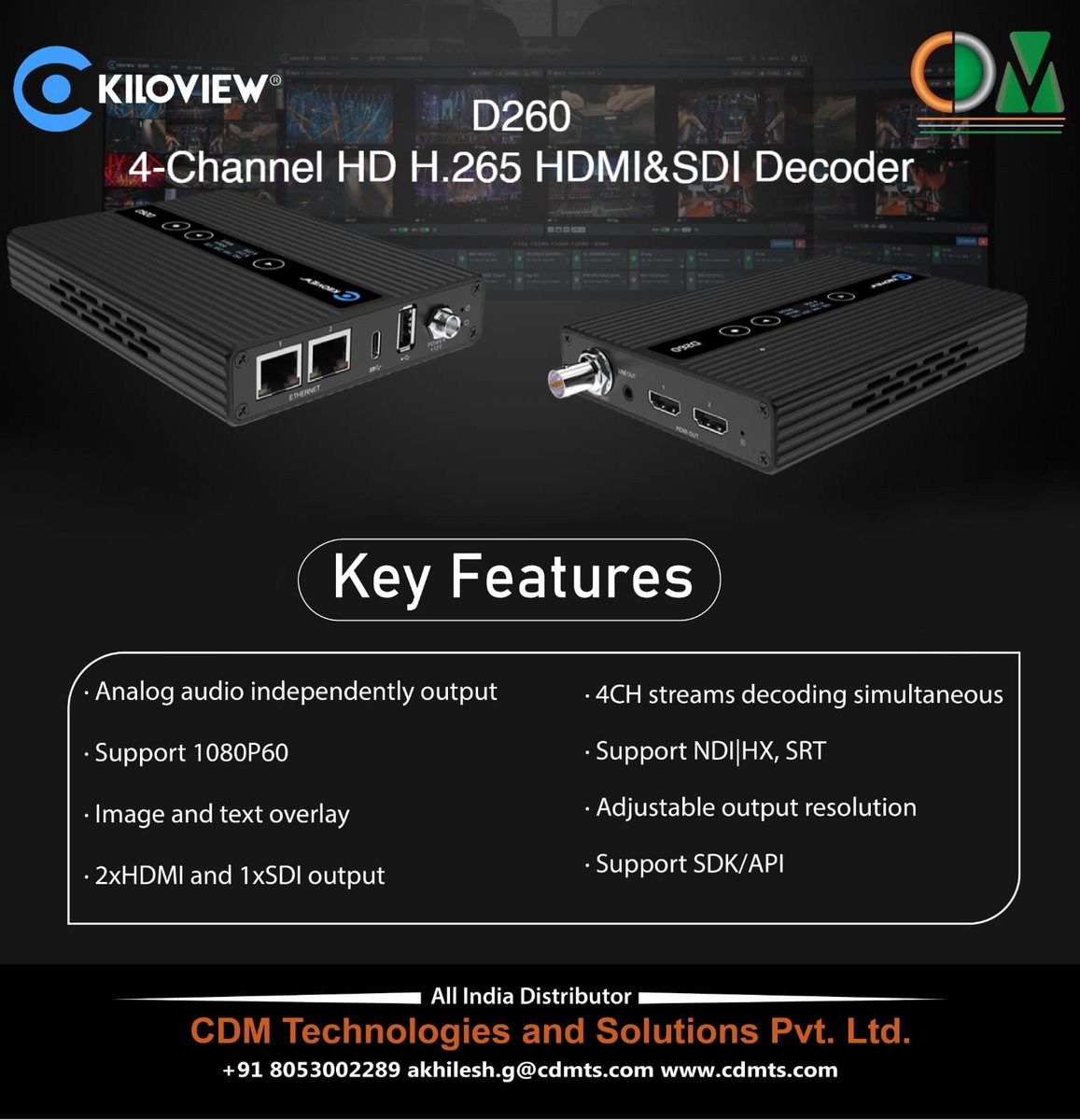 CDMTS's tweet image. D260 is Kiloview’s newest H.265 1X3G-SDI+2XHD HDMI decoder which builds on the capabilities of our original decoder DC230 with expanded new features including upgraded decoding performance, extended ports, more protocols supported and a new LCD screen. 
#Kiloview
#Decoding