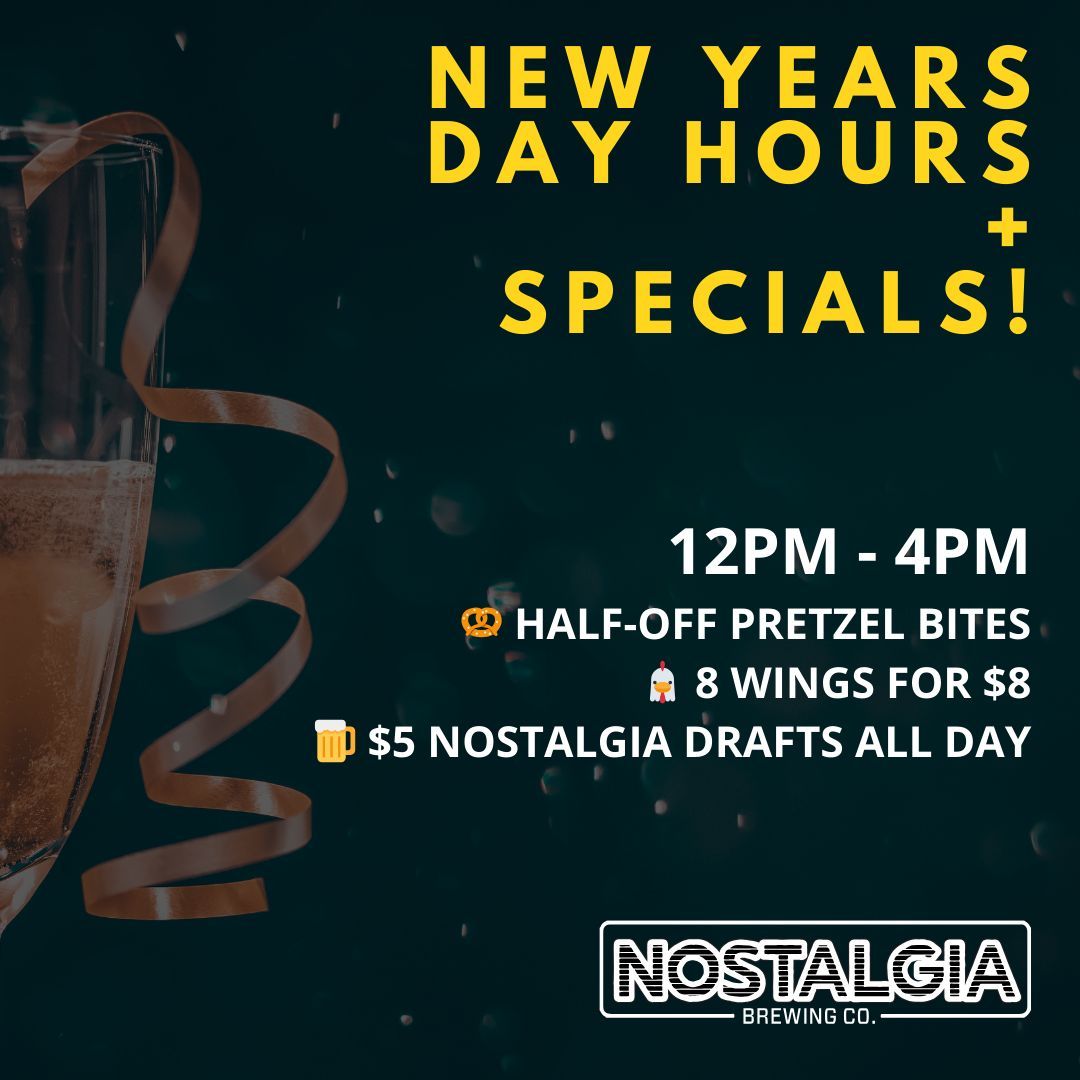 ✨ Central Ohio—it’s almost time to toast 2025! 🎉

📅 New Year’s Day Hours: 12 PM - 4 PM
🥨 Half-off Pretzel Bites
🍗 8 Wings for $8
🍺 $5 Nostalgia Drafts ALL DAY

Tag your crew and let’s start the year right!

#NostalgiaBrewing #OhioCraftBeer #DrinkLocal #614Brews