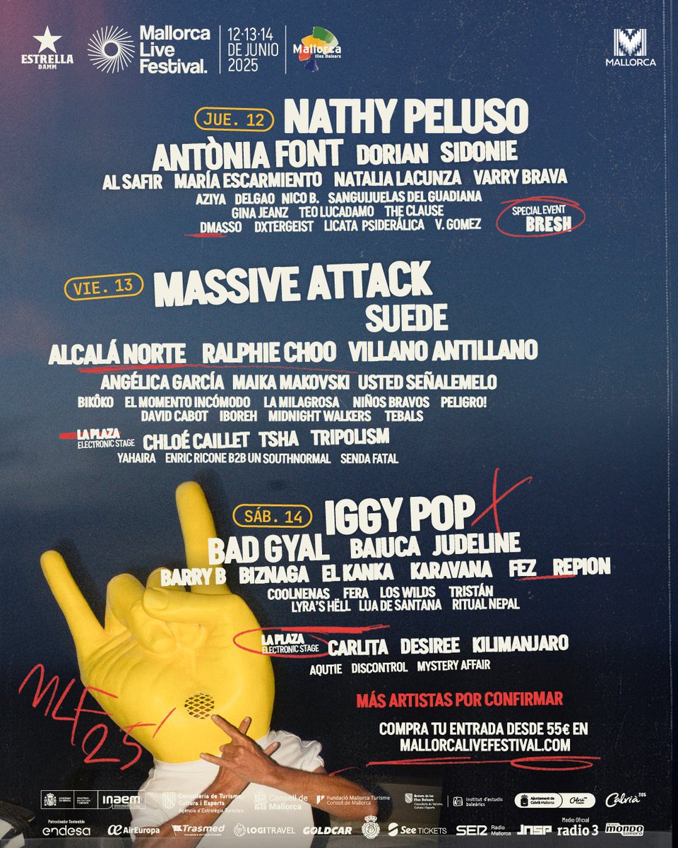 notedetengas's tweet image. Cartel por días para el Mallorca Live Festival 2025, del 12 al 14 de junio  notedetengas.es/cartel-por-dia… #MassiveAttack #Suede #AlSafir #IggyPop #Mallora