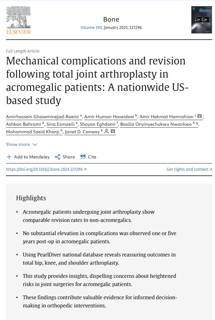 Amir H. Hoveidaei, MD, MSMEd (@ah_hoveidaei) on Twitter photo Our nationwide US-based study on mechanical complications and revision after total joint arthroplasty in acromegalic patients, published in Bone. #orthotwitter #acromegaly #TJA
<a href="/JanetConwayy/">Janet Conway MD, FAAOS</a> <a href="/LimbLengthMD/">LimbLengthMD</a>
sciencedirect.com/science/articl…
<a href="/Els_BoneEndo/">Elsevier Bone & Bone Reports</a> @ELSORTHOPAEDICS Our nationwide US-based study on mechanical complications and revision after total joint arthroplasty in acromegalic patients, published in Bone. #orthotwitter #acromegaly #TJA
<a href="/JanetConwayy/">Janet Conway MD, FAAOS</a> <a href="/LimbLengthMD/">LimbLengthMD</a>
sciencedirect.com/science/articl…
<a href="/Els_BoneEndo/">Elsevier Bone & Bone Reports</a> @ELSORTHOPAEDICS