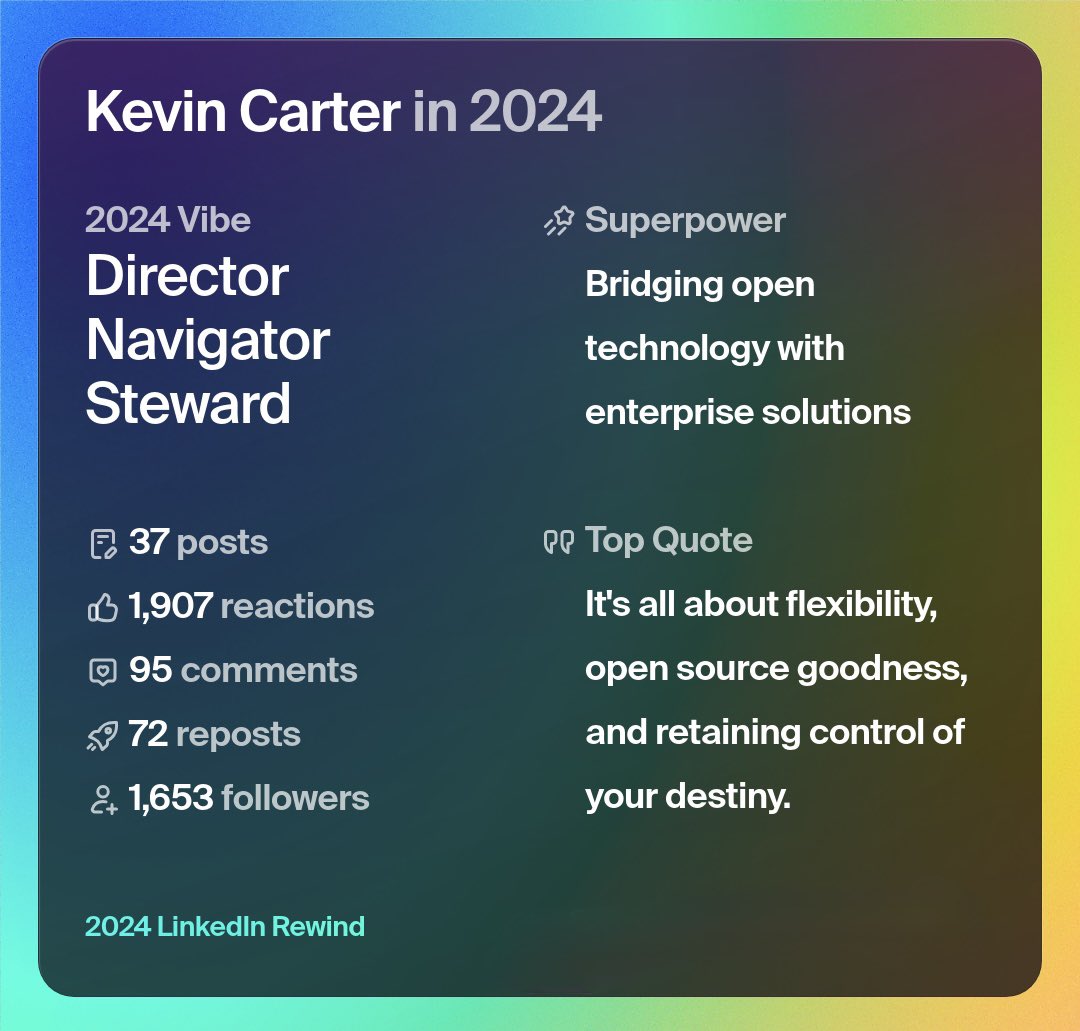 cloudnull's tweet image. Open source isn’t just about code; it’s a bold act of reimagining the boundaries of what’s possible. In 2023, I rejoined Rackspace, joining our private cloud team with a mission to validate this notion, one cloud at a time. In 2024, we achieved our goal by building our platform…