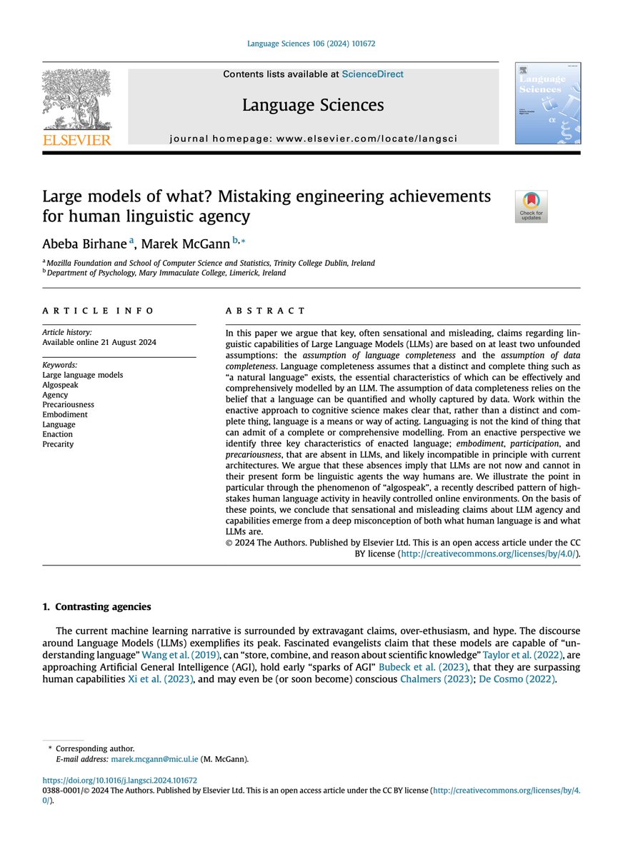 BDehbozorgi83's tweet image. "LLMs aren't linguistic agents like humans. Sensational claims overlook that language is embodied, participatory & dynamic—qualities incompatible with current AI. Languaging isn't fully capturable by data or models.
#AI #LanguageModels #CognitiveScience"
sciencedirect.com/science/articl…