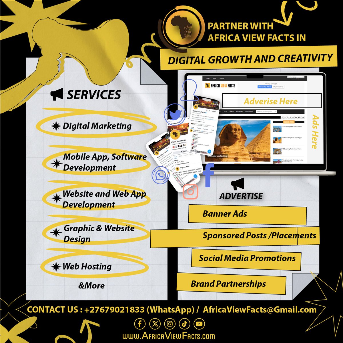 AfricaViewFacts's tweet image. Partner with Africa View Facts for Digital Growth and Creativity

Advertise with Africa View Facts
♦ Banner Ads (on our website/Platforms)
♦ Social Media Promotions
♦ Sponsored Posts/Placements
♦ Brand Partnerships
♦ &amp;amp; More

What Africa View Facts Can Create for You
♦…