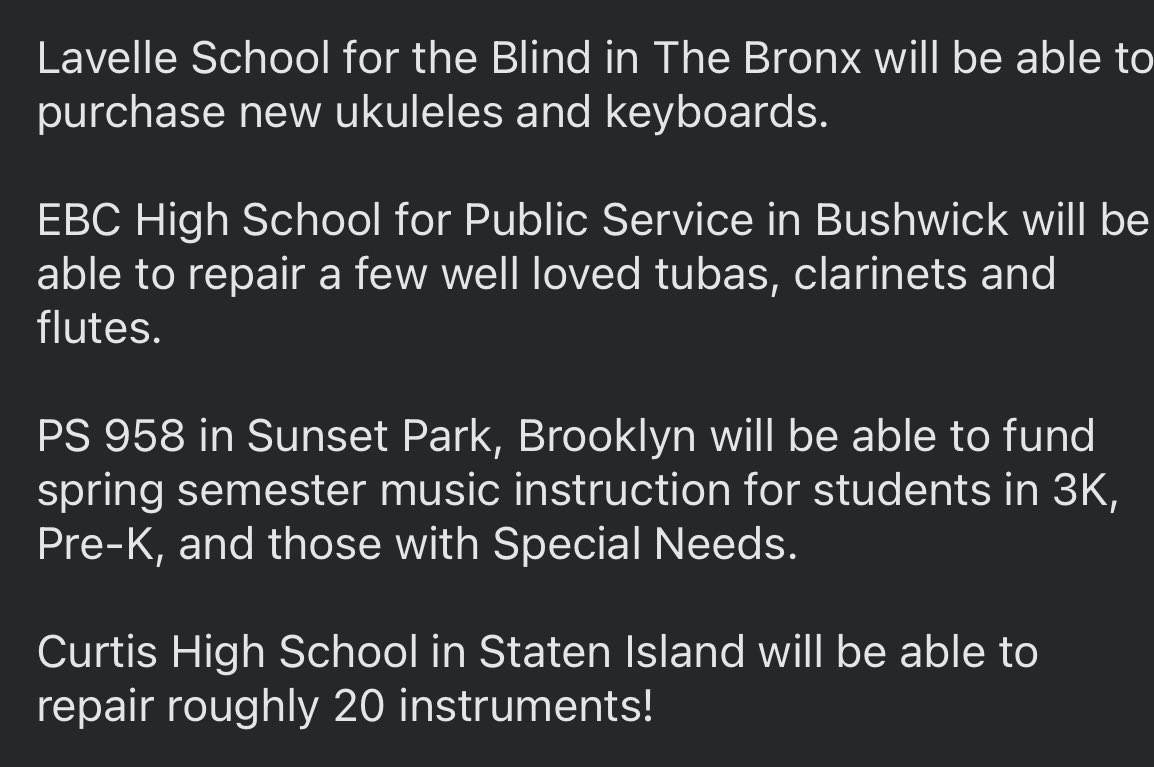 We're excited to round out 2024 with our New Year's Run tour grants: 4 $1,000 donations to well deserving schools in the New York City area!