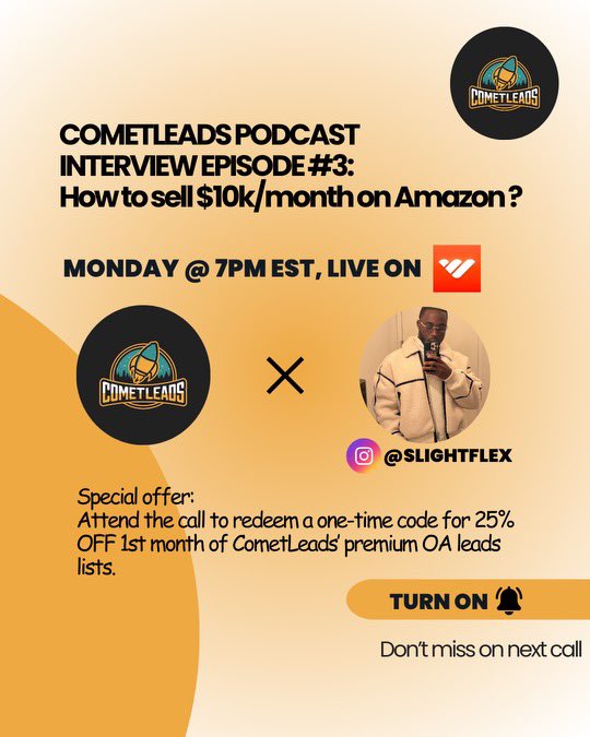 CometLeads (@cometleads) on Twitter photo How to make $10k/month selling on Amazon?
Join @cometleadsofficial x <a href="/slightflex/">Slight Flex</a> live call on December 30th, at 7 pm EST.
Master OA, PL, or Wholesale on Amazon. Sharing FREE sauce. We will also offer a special 25% OFF your 1st month leads list subscription @cometleadofficial How to make $10k/month selling on Amazon?
Join @cometleadsofficial x <a href="/slightflex/">Slight Flex</a> live call on December 30th, at 7 pm EST.
Master OA, PL, or Wholesale on Amazon. Sharing FREE sauce. We will also offer a special 25% OFF your 1st month leads list subscription @cometleadofficial