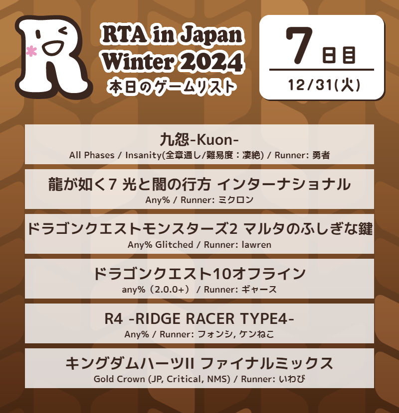 RTAinJapan's tweet photo. RTA in Japan Winter 2024
7日目のゲームはこちらです。本日が最終日です。

◆スケジュール
https://t.co/6hIQ6ac2Sq

◆配信
https://t.co/ESrCXgTbN8

◆直接寄付及び投票
https://t.co/xTAGGnPcUi

#RTAinJapan https://t.co/7hMr0bZ8dT