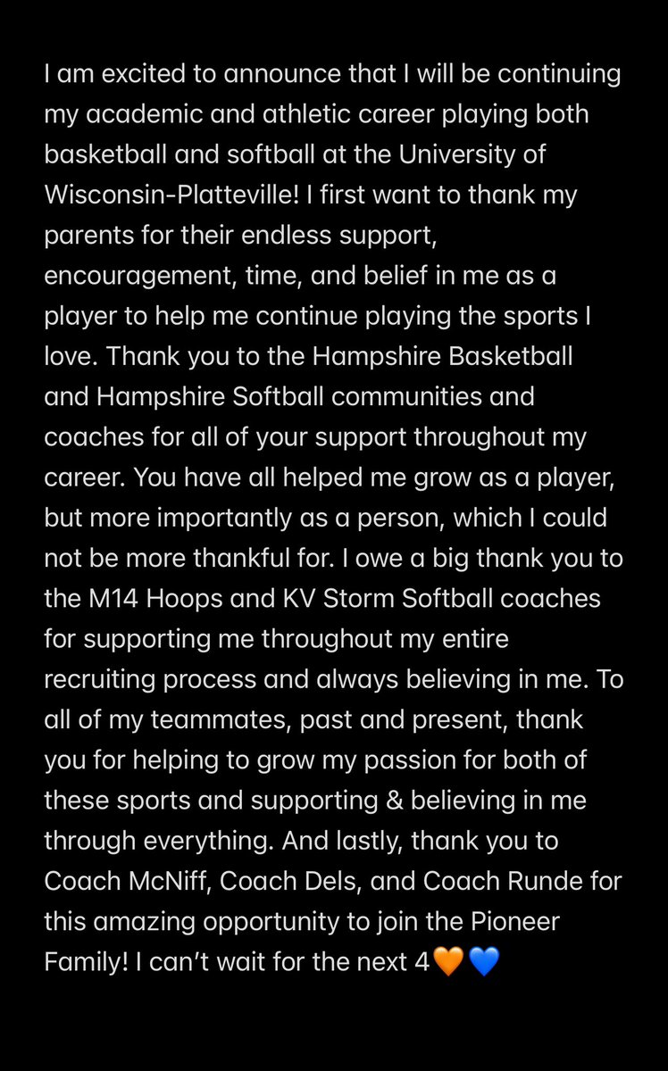 Committed 🧡💙 <a href="/UWPlattWBB/">UW-Platteville Women’s Basketball</a> <a href="/UWPlattSoftball/">UW-Platteville Softball</a> 

<a href="/LadyWhipsBball/">Hampshire Girls Basketball</a> <a href="/HampshireSftbl/">Hampshire Softball</a> <a href="/M14Hoops_Girls/">Team M-XIV Girls</a> <a href="/KVStorm1/">KV Storm Softball</a>