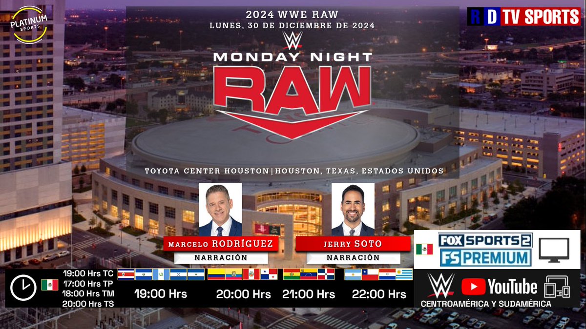 ramonovic09's tweet photo. 🇺🇲 #LuchaLibre #WWE | #WWERaw
📝 Hoy
🇲🇽⏰19:00 Hrs TC, 17:00 Hrs TP
📺 @FOXSportsMX 2, #FSPremiumMX 🇲🇽
🇨🇷🇸🇻🇬🇹🇭🇳🇳🇮 19:00 Hrs
🇵🇦🇨🇴🇵🇪🇪🇨 20:00 Hrs
🇧🇴🇻🇪🇩🇴 21:00 Hrs
🇦🇷🇨🇱🇵🇾🇺🇾 22:00 Hrs
📱💻 @YouTubeLATAM de @wweespanol CENAM y SUDAM
🎤 @MarceloAtWWE
🎤📝 Jerry Soto
🤳 #WWExFSMX #YouTube #Wrestling
