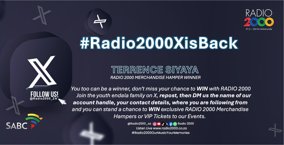 Congratulations to Terrence Siyaya, for winning exclusive RADIO 2000 Merchandise Hamper

You too can be a winner, don’t miss your chance to WIN with RADIO 2000, simply follow the steps on this post

#Radio2000XisBack