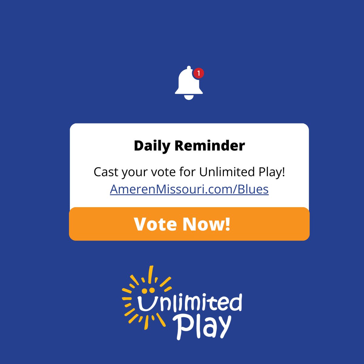 Is your daily reminder set to vote for Unlimited Play?! ⏰ Thank you for taking 30 seconds of your day to vote for us to win the <a href="/AmerenMissouri/">Ameren Missouri</a> Power Play Goals for Kids: AmerenMissouri.com/Blues. 

We’ll be cheering on the <a href="/StLouisBlues/">St. Louis Blues</a> for tomorrow’s Winter Classic! 💙💛