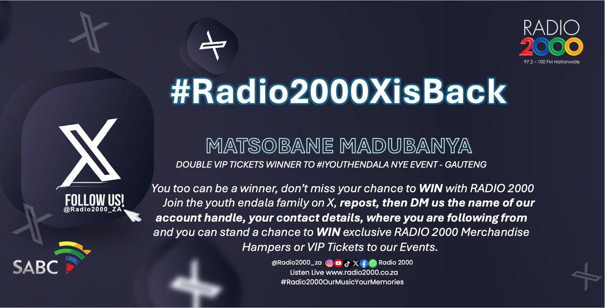 Congratulations to Matsobane Madubanya, for winning Double VIP tickets to #iYouthEndalaNYE taking place in Midrand, Gauteng. 

You too can be a winner, don’t miss your chance to WIN with RADIO 2000, simply follow the steps on this post

 #Radio2000XisBack