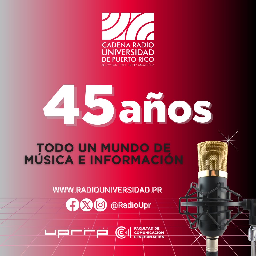 radioupr's tweet photo. 🎉 Celebramos 45 años de Radio Universidad 🎙️
Música puertorriqueña, jazz, clásica, rock, análisis y noticias.
📻 Sintoniza 24/7 y acompáñanos en este viaje cultural.
🌐 ¡Todo un mundo de música e información!
#RadioUniversidad #45AñosDeMúsica https://t.co/FiDOVQ5Hkk
