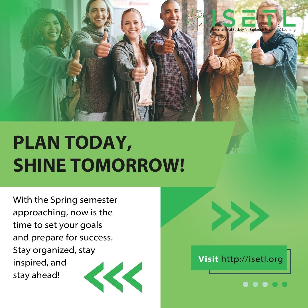 ISETL_'s tweet image. 🗓️ Plan Today, Shine Tomorrow! 🗓️
With the Spring semester approaching, now is the time to set your goals and prepare for success. Stay organized, stay inspired, and stay ahead!
💼 Your efforts today will shape an amazing tomorrow.
#SpringSemesterPrep