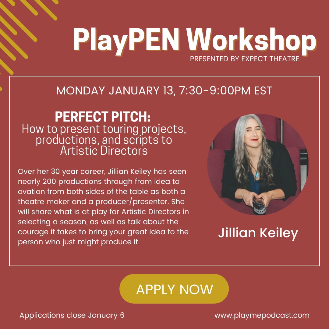 Have a script you want developed? A show you'd like to tour? 
Leading Canadian director Jillian Keiley has all the tips and tricks to the PERFECT PITCH. Apply by Jan 6 to participate in this free online class - space is limited!

Click here for more info: linktr.ee/listentoplayme