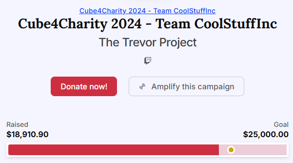 JimDavisMTG's tweet image. Year six of #Cube4Charity was a smashing success!

My team did absolutely incredible, and I even won a few 🏆s too!

We raised over $40,000 for two amazing charities and I'm super proud and thankful of both everyone involved and who watched and donated.

💖 you all