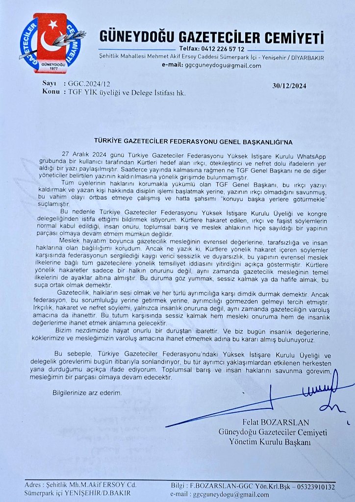 Türkiye Gazeteciler Federasyonu'nda yaşanan ırkçılık olayı ve yönetimin bu olaya sessiz kalması nedeniyle istifa edeceğimizi duyurmuştuk.

Bugün itibariyle GGC Başkanı Felat Bozarslan, Ankara temsilcisi Volkan Eser, TGF delegeleri Hüseyin Çiçekçi ve Esat Aydın TGF'deki tüm