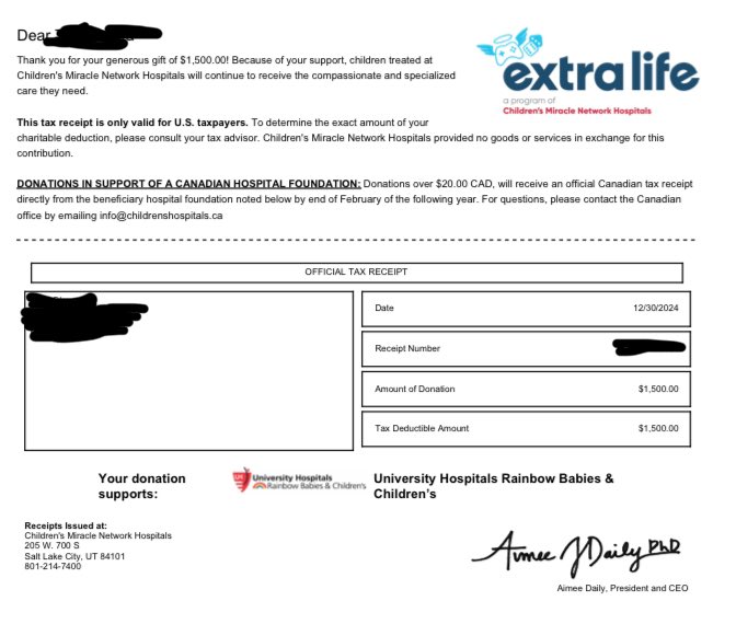 Extra Life Charity Olexamas update!

Counting up Twitch subs, bits, YouTube memberships, Super Chats, etc. totaled around ~$1338 so I rounded up to $1500 to call it even.

We currently sit at over $12,000 raised for Extra Life this year!

Insane, thank you ❤️
