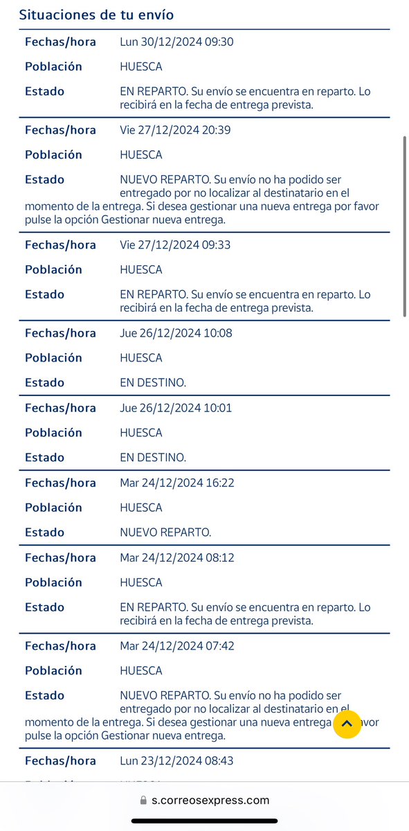 ClaraTrullenque's tweet photo. @Cex_responde 
Correos me ha confirmado que Correos Exoress no hace entregas de los paquetes y en su lugar los abandonan en furgonetas o en la nave industrial del polígono Sepes en Huesca. Adjunto prueba de sus reportes  falsos indicando que han venido a casa a entregarlo https://t.co/xdXfSnBnZw
