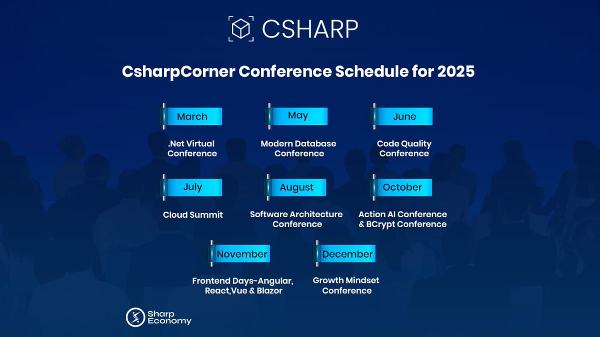 SharpEconomy's tweet image. ๐ Developers, mark your calendars!๐
CSharpCornerโs 2025 Conferences are your gateway to the latest in Web3, AI, Cloud, and Software Architecture.
๐
Donโt miss these career-changing events!
Full lineup ๐ sharpeconomy.org/csharpcorner-rโฆ
#SharpEconomy #CSharpCorner #TechEventsโฆ