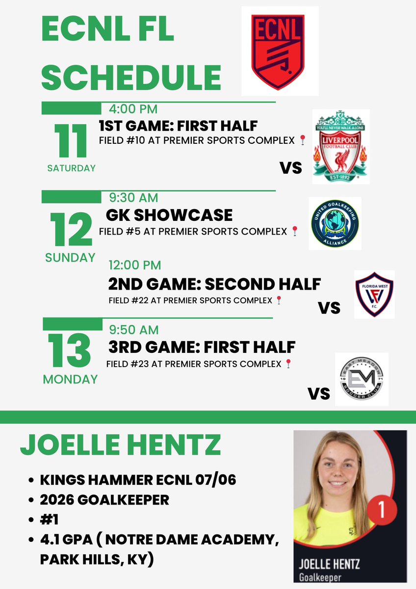 Joelle Hentz (@joellehentz) on Twitter photo Looking forward to the first showcase in 2025 in Florida! Excited to be competing with my <a href="/KH_ECNLG07/">Kings Hammer ECNL G07</a> team and at the <a href="/ugkalliance/">@unitedgkalliance</a> showcase! Here is my schedule below: Looking forward to the first showcase in 2025 in Florida! Excited to be competing with my <a href="/KH_ECNLG07/">Kings Hammer ECNL G07</a> team and at the <a href="/ugkalliance/">@unitedgkalliance</a> showcase! Here is my schedule below: