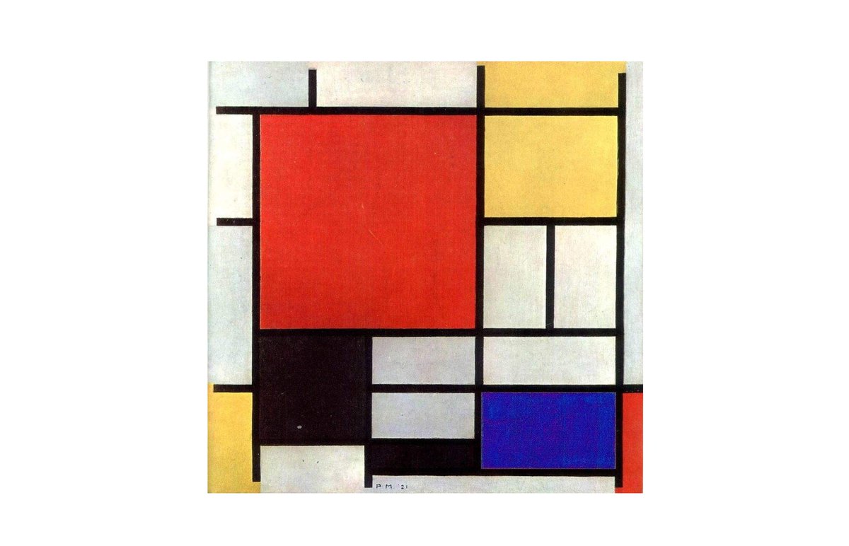 Een Mondriaan schilderij met de kleuren van de ruggen van boeken uit m'n boekenkasten  in foto-vorm opgezet (Het originele Mondriaan schilderij hieronder nog toegevoegd ter vergelijk). Daarna in verschillende omgevingen de Kees / Piet Mondriaan 'foto' nieuwe stijl  geplaatst. :-)