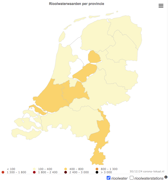 Landelijk overzicht maamdag 30/12:
virusniveau rioolwater: 443 (372)
zevendaags gemiddelde: 373b(339)
percentage positieve testen: 0,3% was 0,37%
Volgens Infectieradar heeft 1 op de 272 Covid-19
corona-lokaal.nl