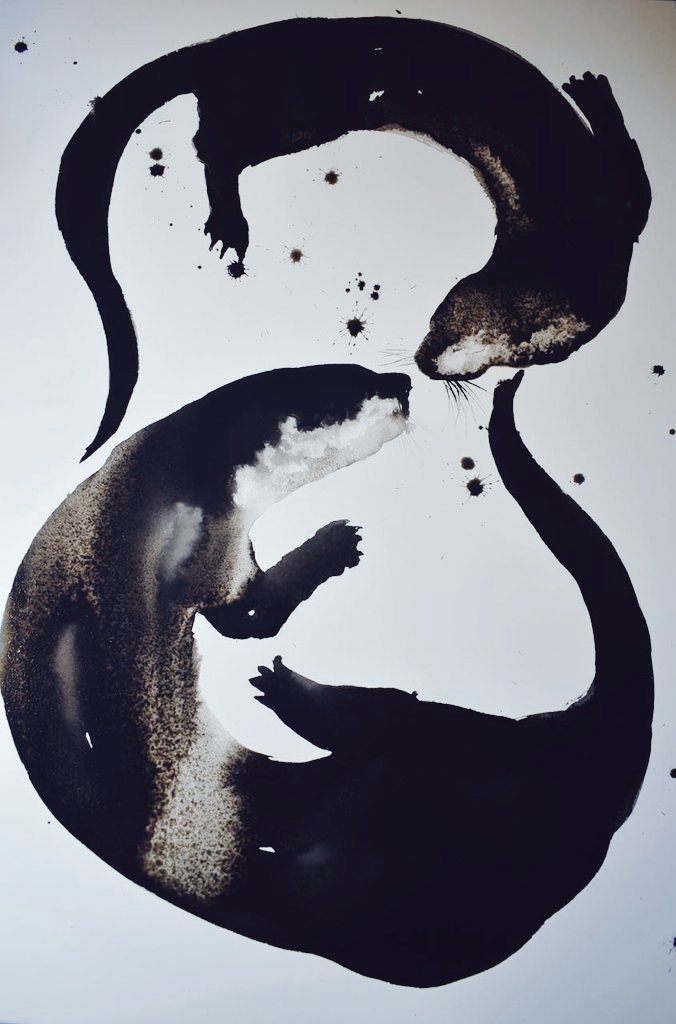 'Otters' in ink by Jackie Morris, artist, author who lives and works in a small cottage by the sea in Wales #WomensArt