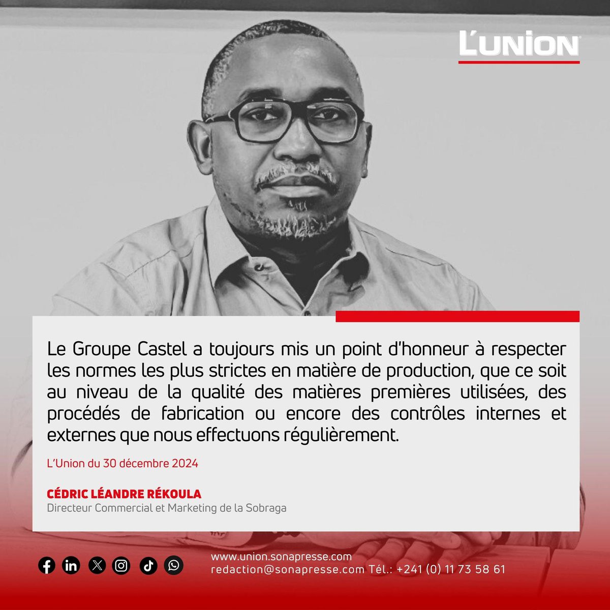 #ILSONTDIT - Cédric Léandre Rékoula : « Le Groupe Castel a toujours mis un point d'honneur à respecter les normes les plus strictes en matière de production. »

🔗 𝗦𝗶𝘁𝗲 → union.sonapresse.com
🔗 𝗣𝘂𝗯𝗹𝗶𝗰𝗶𝘁𝗲́ → publicom.ga

#LunionGA #Gabon