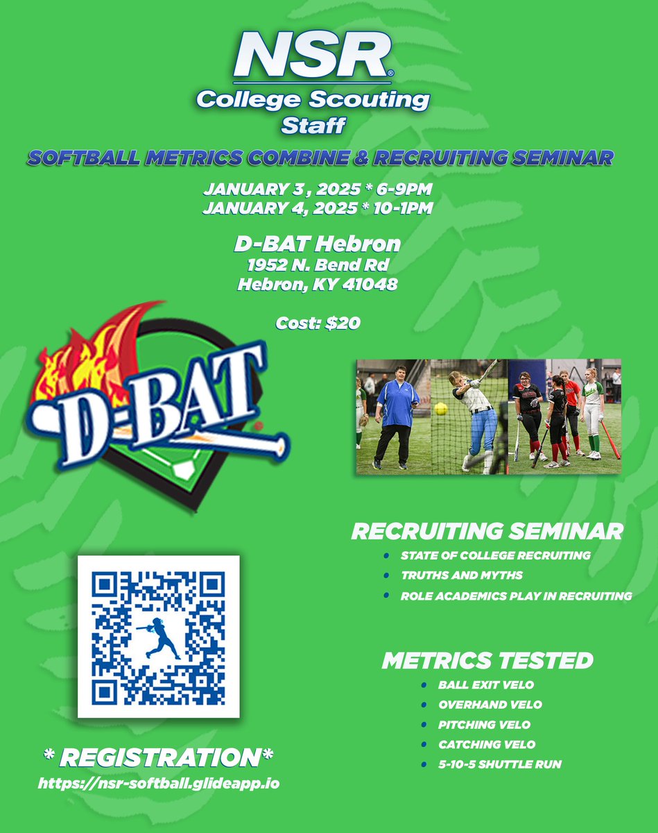 🥎NSR Softball Metrics Combine and Recruiting Seminar in Hebron, KY🥎

📆 January 3, 2025 * 6pm
📆 January 4, 2025 * 10am
📍 D-Bat Hebron
        1952 N. Bend Rd
        Hebron, KY 41048

Register at this link or the QR code below

nsr-softball.glideapp.io