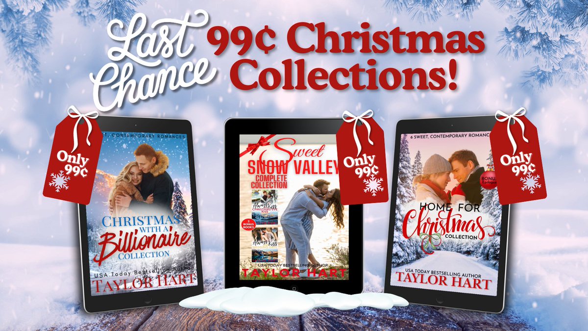 Need some reading to ring in the New Year? Last Chance to grab these Christmas Collections for only 99¢! Don't miss it!
Christmas with a Billionaire – amzn.to/3FWbyic
Sweet Snow Valley – amzn.to/3lCZtEZ
Home For Christmas – amzn.to/3O6FDzx