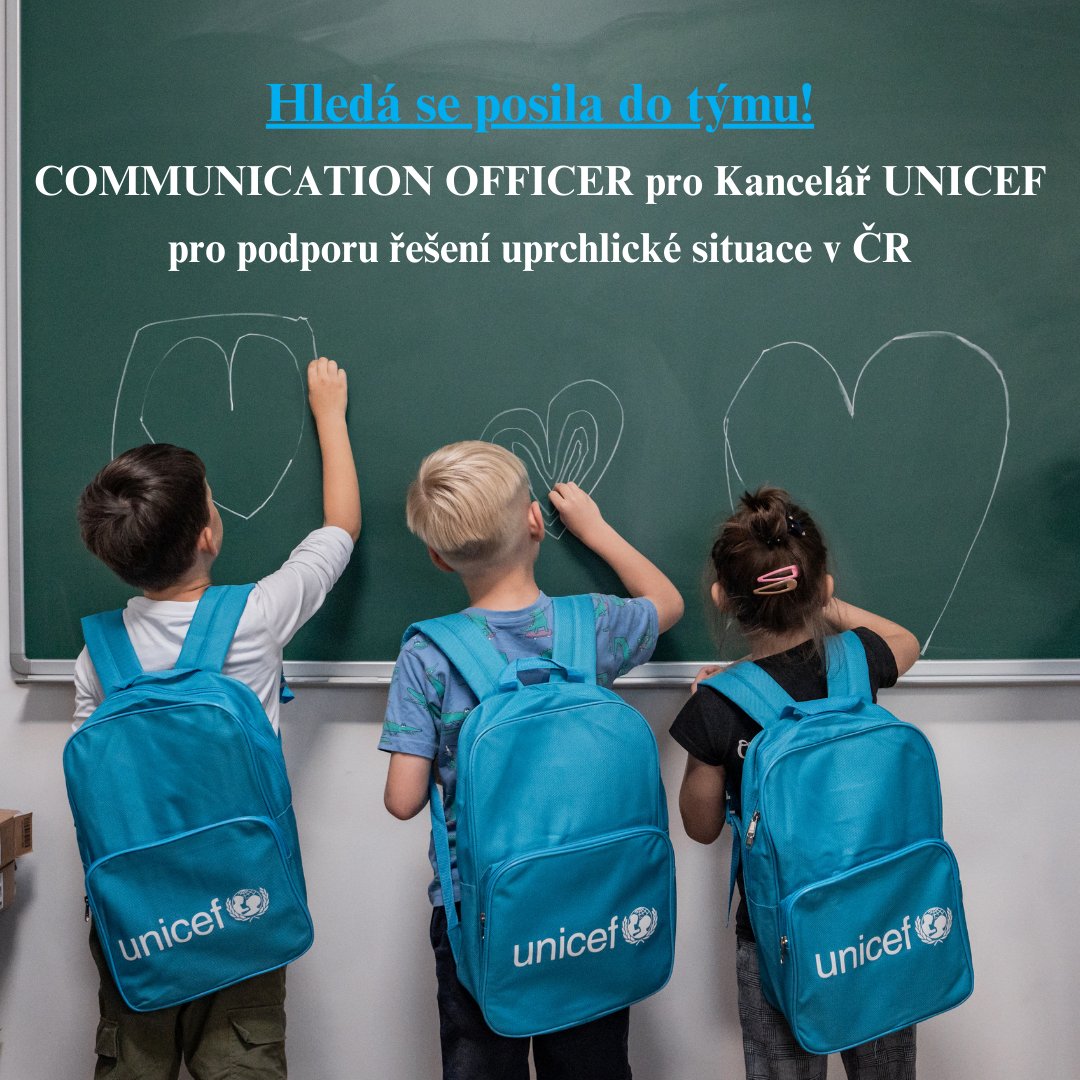 ✨ Tým Kanceláře UNICEF pro podporu řešení uprchlické situace v ČR hledá kolegu na pozici: Communication Officer. 💙
📢 Máte zkušenosti s komunikací a chcete pomáhat tam, kde je to nejvíce potřeba? 
ℹ️Více informací zde ➡️ loom.ly/0EVF1Gw
#unicef #foreverychild