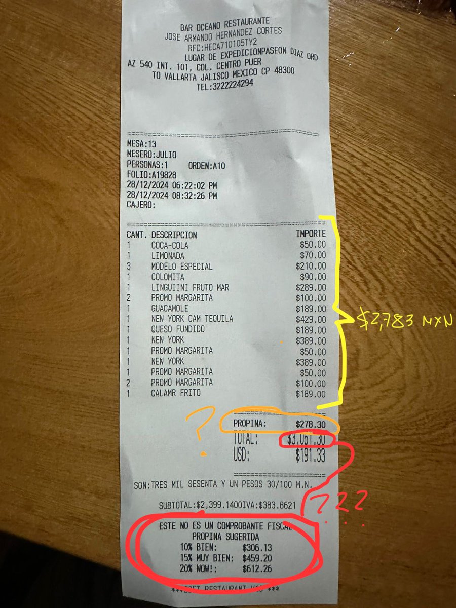 EddAllAtOnce's tweet photo. @Profeco @Profeco / @AtencionProfeco Propina obligatoria y después de eso tienen el descaro de poner la propina sugerida posterior del total de la suma de propina obligatoria en @baroceanopv 

La info (razón social, dirección fiscal, RFC, etc) se encuentra en la parte superior del ticket. https://t.co/fmTwuXfdvn