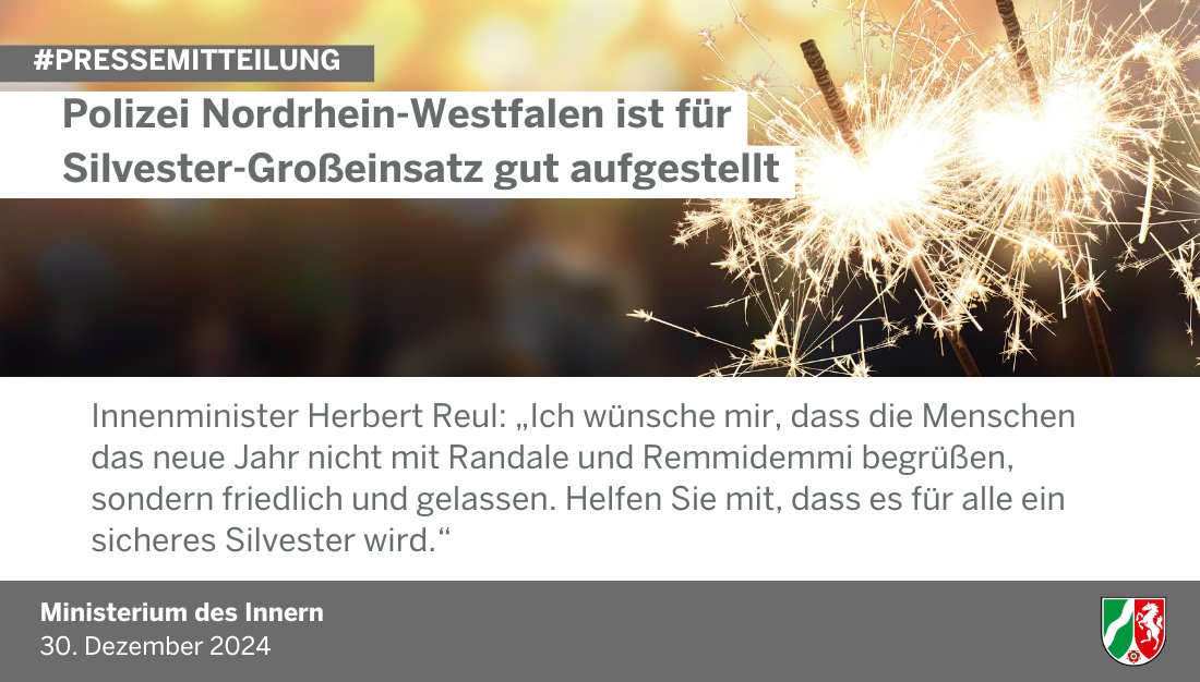 Die #PolizeiNRW ist für den Silvester-Großeinsatz gut aufgestellt: Über 7.300 Polizistinnen und Polizisten werden in der Silvesternacht im Einsatz sein, um für Sicherheit und Ordnung zu sorgen. Weitere Informationen in der Pressemitteilung: url.nrw/silvester2024/…