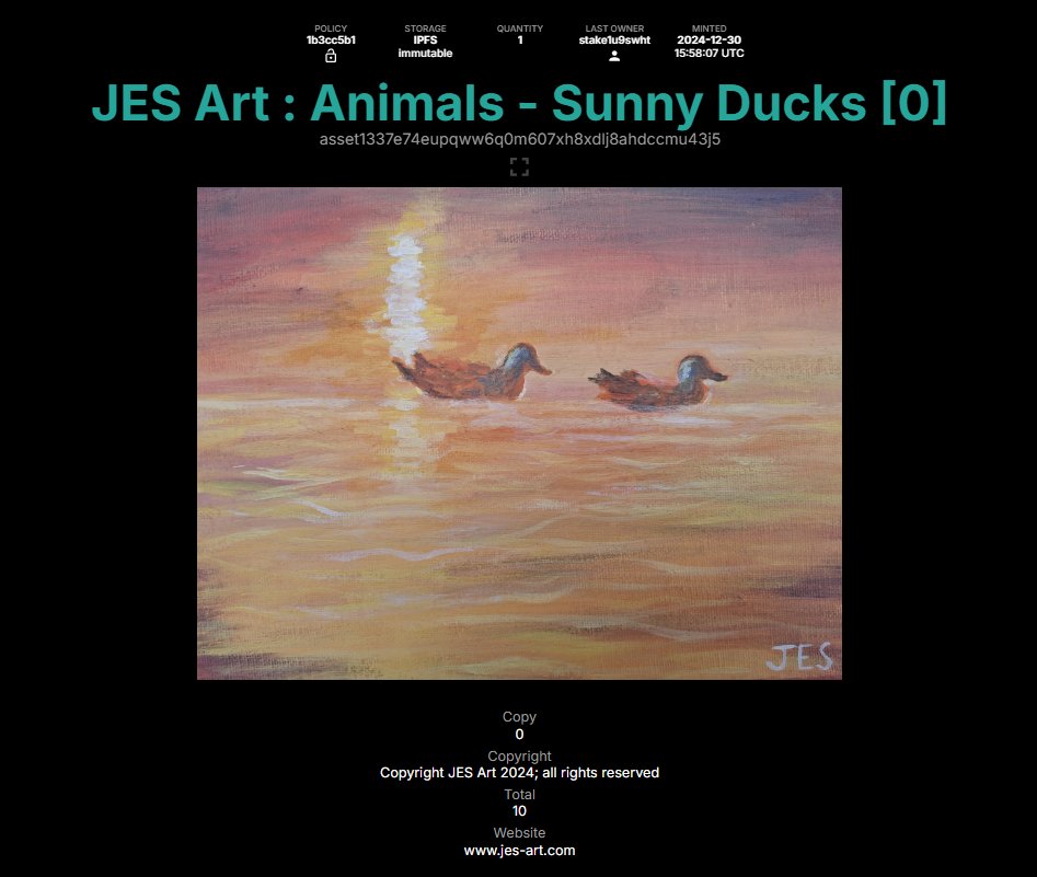 Sunny Ducks <a href="/jesartnft/">jes-art</a> minted. Locking at the end of Jan 25.

pool.pm/policy/1b3cc5b…
