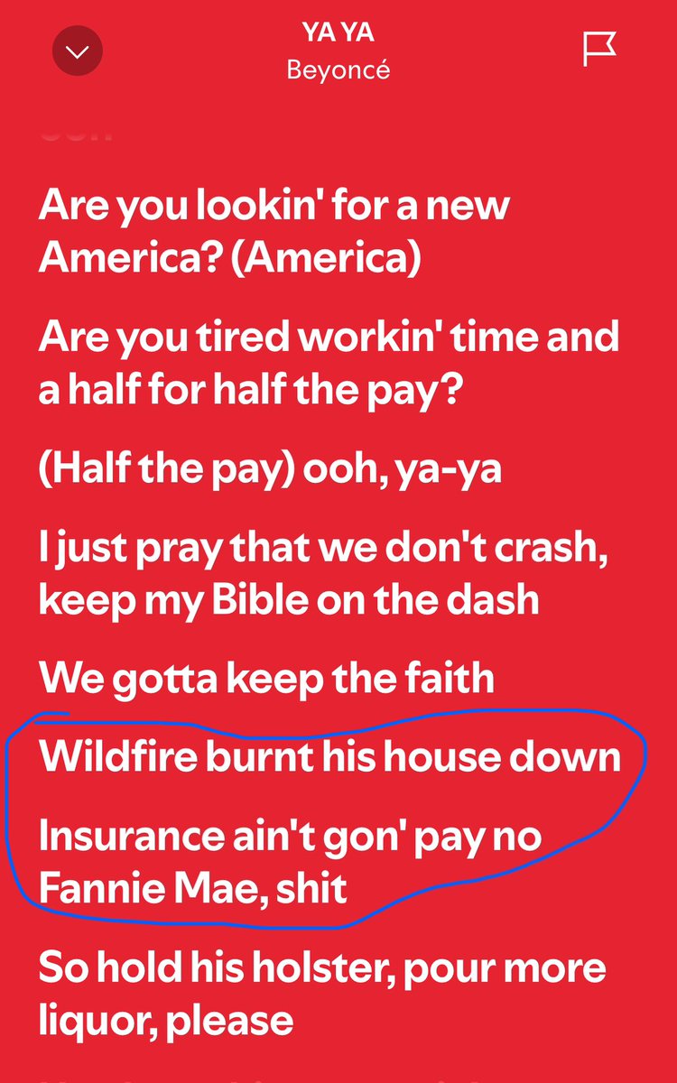 Beyoncé is singing about climate change and home insurance! Not sure what the line about Fannie Mae means though…