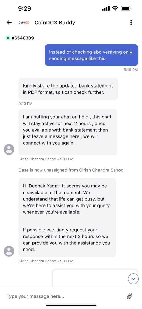 y29dpk's tweet photo. @CoinDCX  support is disappointing. As a VIP member, had a priority chat, and within 1 minute, the agent claimed to be "busy" and ended the conversation. How is that possible in 1 minute? No resolution, just a few lines exchanged. Unacceptable service! #CoinDCX #SupportFail https://t.co/JLlzDfsS9R