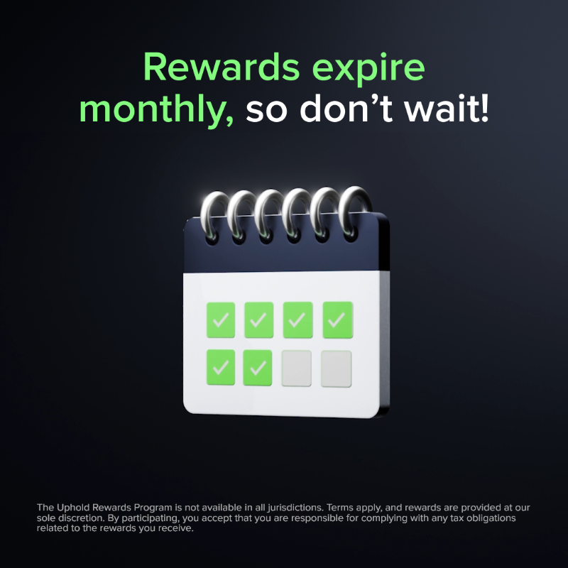 UpholdInc's tweet photo. 📢 PSA: Uphold Rewards refresh in less than 48 hours!

🏆 Give yourself something valuable every month.

⚠️ Reminder: Crypto evolves quickly—our rewards do too!

🔎 Learn more: https://t.co/D1X0UnqWTv

👇 Unlock now!

*Not available UK