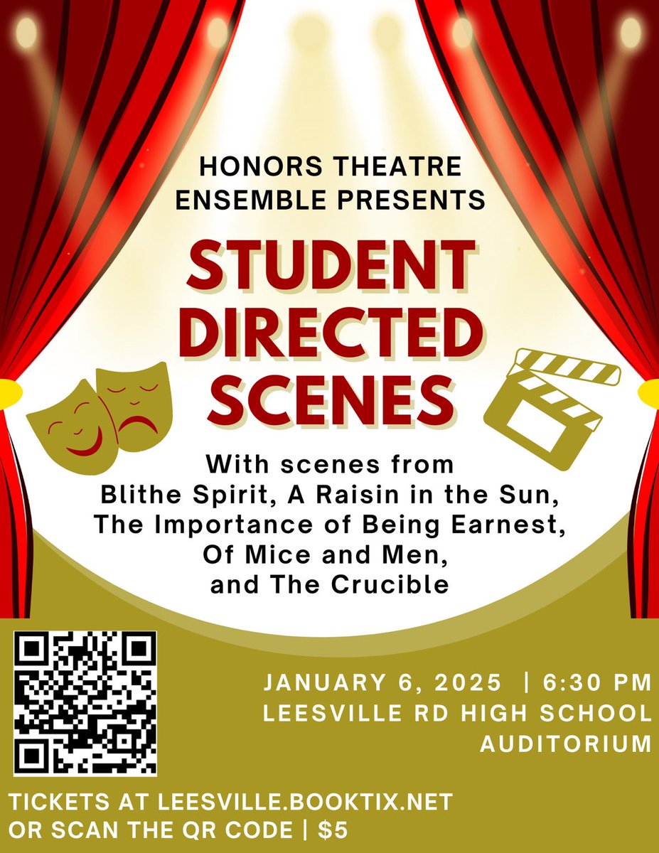 Come join us for the Honors Theatre Student Directed Scenes on January 6th! Performances are at 6:30pm and tickets can be purchased via leesville.booktix.com or at the door!