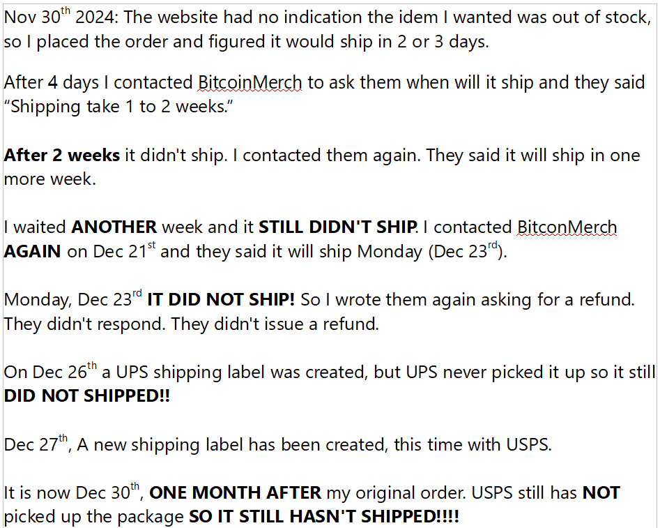 BitcoinAscent's tweet photo. BEWARE OF @BitcoinMerchCom 
They charge your CC at time of order, but NEVER SHIP!

They said it would ship in 1 to 2 weeks - THEY LIED!
They said wait 1 more week - THEY LIED!
They said it would ship Dec 23rd - THEY LIED!!!

I will re-post this EVERY DAY until a refund is issued. https://t.co/NBA2ABik96
