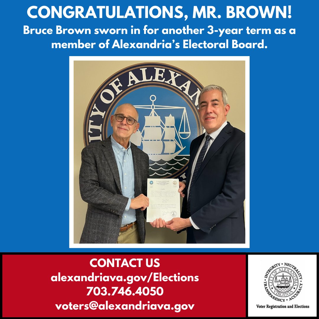 Today, Bruce Brown was sworn in for another term on Alexandria's Electoral Board by Clerk of the Circuit Court, Greg Parks. To learn more about the Electoral Board or find information about registration and voting, visit our website at alexandriava.gov/Elections
