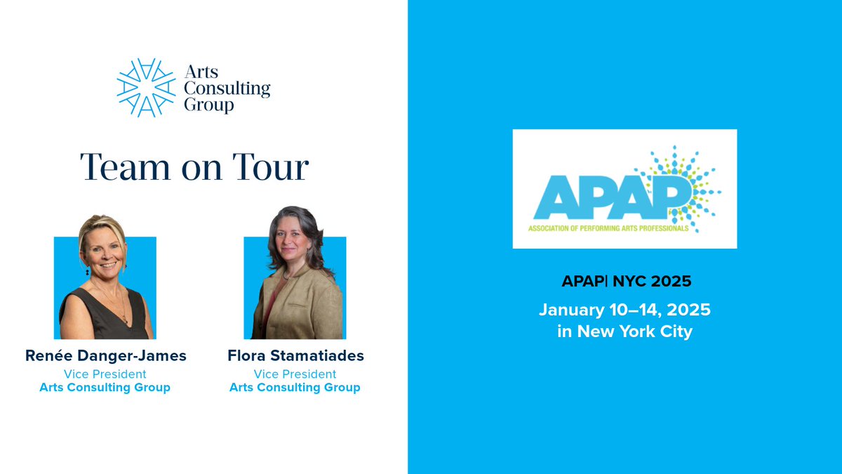Arts Consulting Group (@artsconsulting) on Twitter photo ACG is excited to be in New York City for the APAP|NYC 2025 Conference. Connect with our team at the conference. For personalized insights and support, reach out to us and share your strategic priorities at PlanNow2025@ArtsConsulting.com. ACG is excited to be in New York City for the APAP|NYC 2025 Conference. Connect with our team at the conference. For personalized insights and support, reach out to us and share your strategic priorities at PlanNow2025@ArtsConsulting.com.