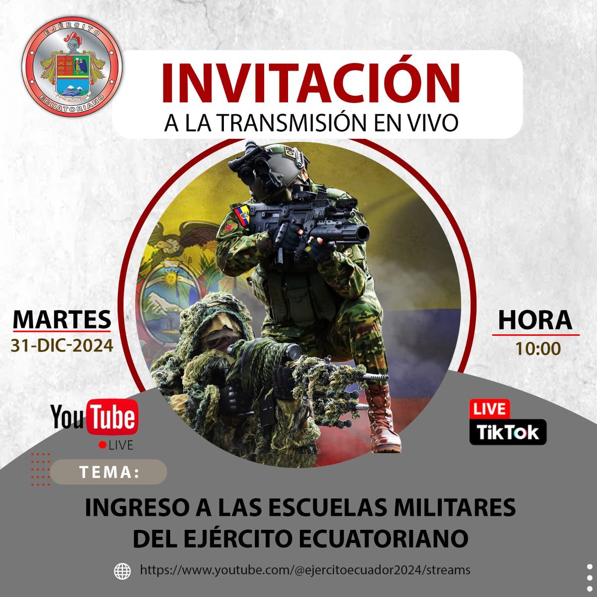 El Ejército Ecuatoriano invita a la transmisión en vivo para el ingreso a las escuelas de formación del 2025

#EjércitoECU