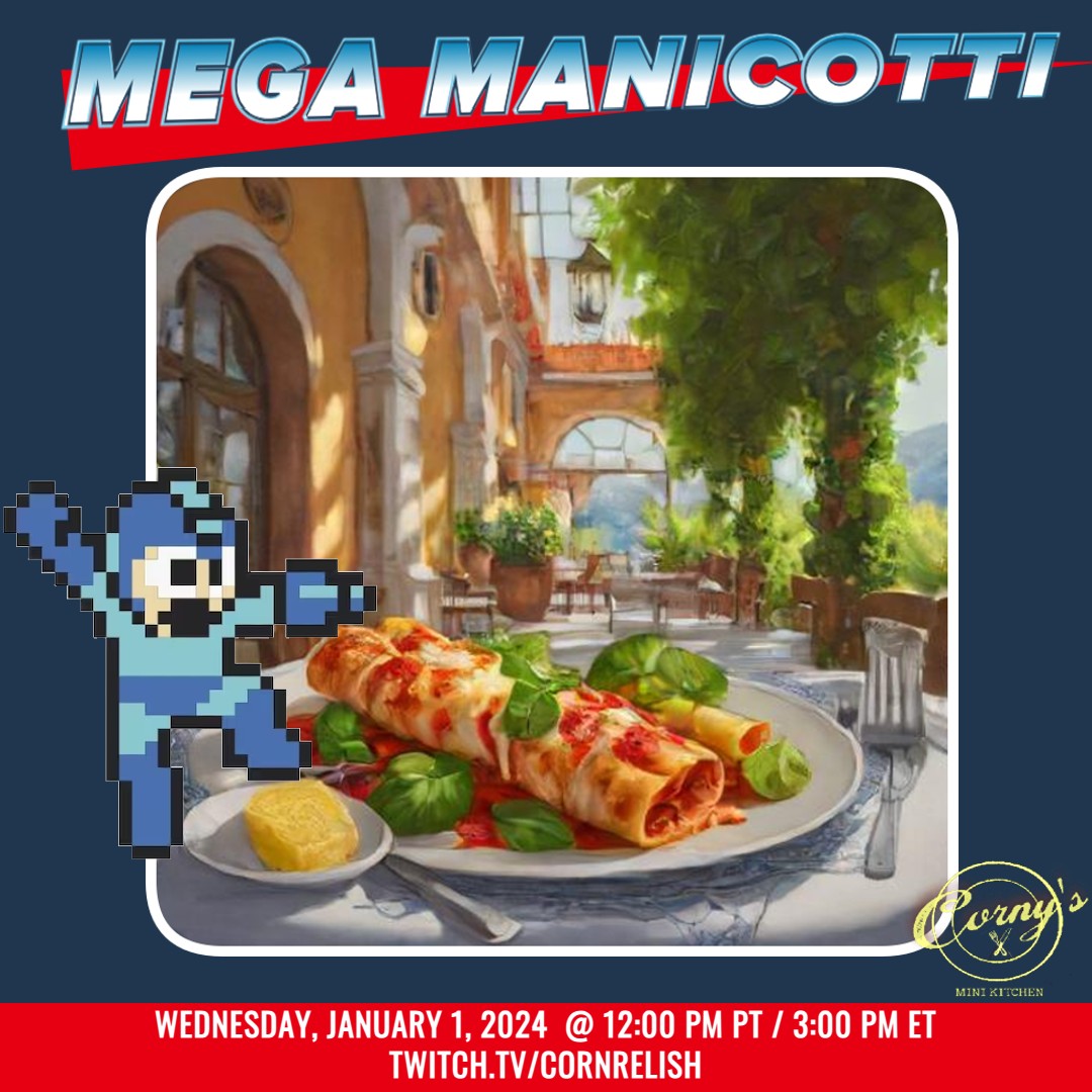 To celebrate New Year’s Day 2025, we’ll be cooking up some mini manicotti &amp; other tiny Italian deliciousness in Corny’s Mini Kitchen!
Tune in to MEGA MANICOTTI on #Twitch this Wednesday, January 1, starting at 12pm PT/3pm Eastern at twitch.tv/cornrelish
#MiniCooking #TinyFood