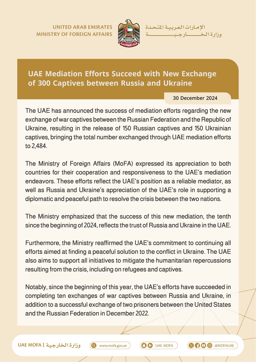 UAE Mediation Efforts Succeed with New Exchange of 300 Captives between Russia and Ukraine

mofa.gov.ae/en/mediahub/ne…