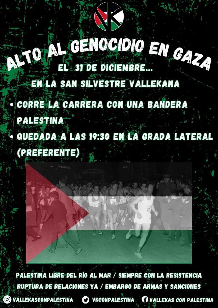 #sansilvestrevallecana con #Palestina

➡️ Si vas a correr, lleva una kufiya o una bandera de Palestina.

➡️ <a href="/vkconpalestina/">VallekasconPalestina</a> nos convoca a las 19'30 en el campo del <a href="/RayoVallecano/">Rayo Vallecano</a> (Grada Lateral Preferente)

Desde #Retiro cruzaremos la M30 para sumarnos
#SanSilvestre <a href="/ssvallecana/">Nationale-Nederlanden San Silvestre Vallecana</a>